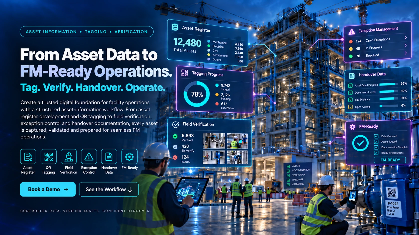 Asset information and tagging workflow covering asset register, QR tagging, field verification, exception control and FM-ready handover