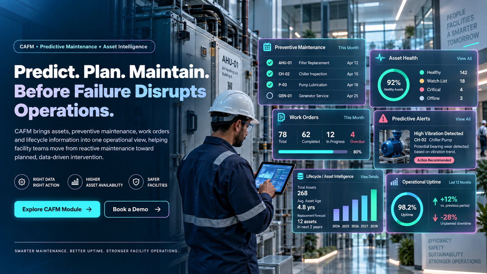 CAFM predictive maintenance and asset intelligence for preventive maintenance, work orders, asset health, lifecycle intelligence and operational uptime