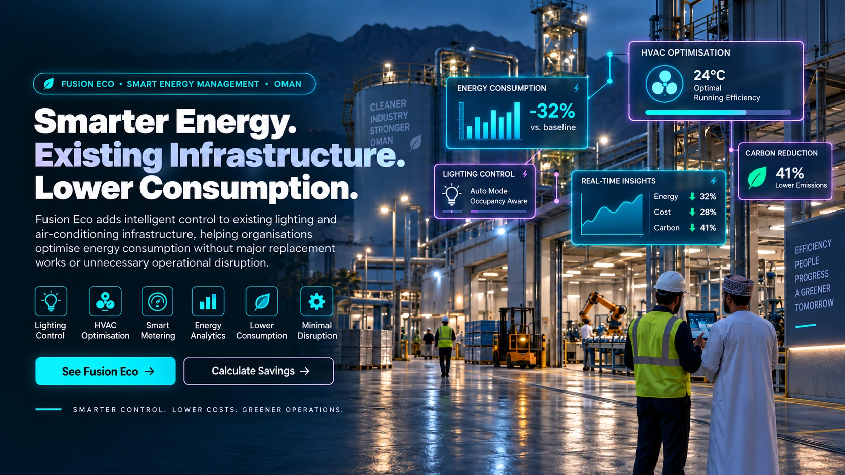 Fusion Eco smart energy management for HVAC optimisation, lighting control, smart metering, energy analytics and lower consumption in Oman