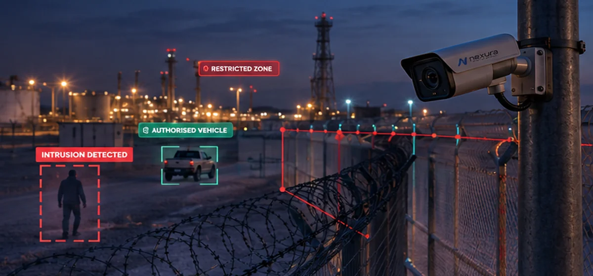 AI perimeter surveillance at an industrial facility with restricted zone and intrusion detection overlays