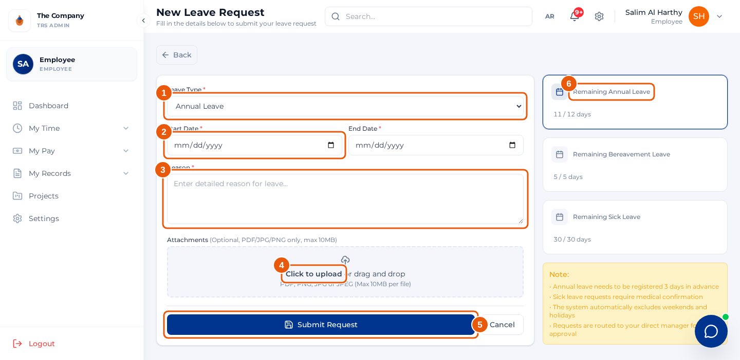 ESS leave request screen